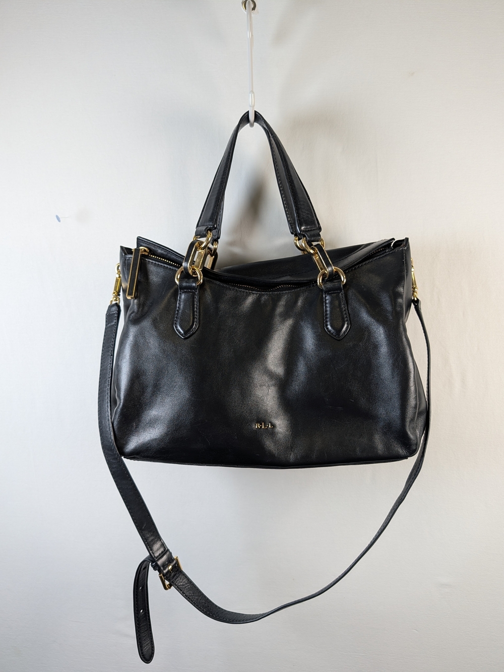 Lauren Ralph Lauren Black Logo Satchel Gold Hardware Zip Detachable Strap